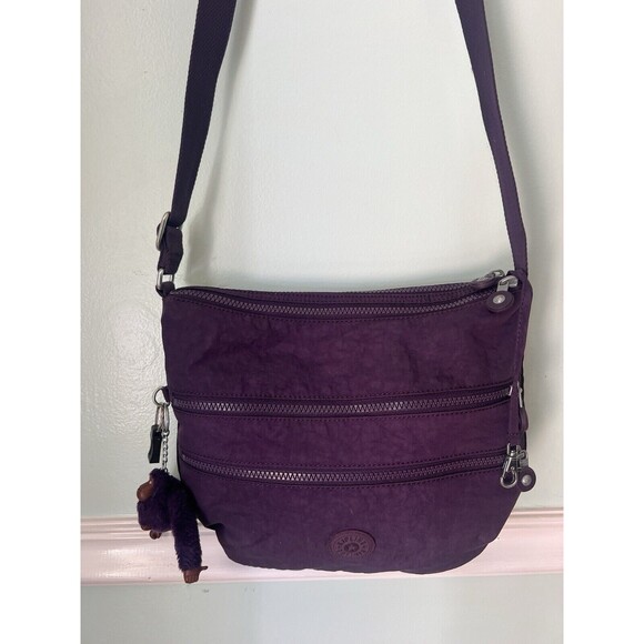 Kipling Keiko Dark Plum Tonal  Nylon Crossbody Bag + Monkey Key Chain Purple - Picture 2 of 10